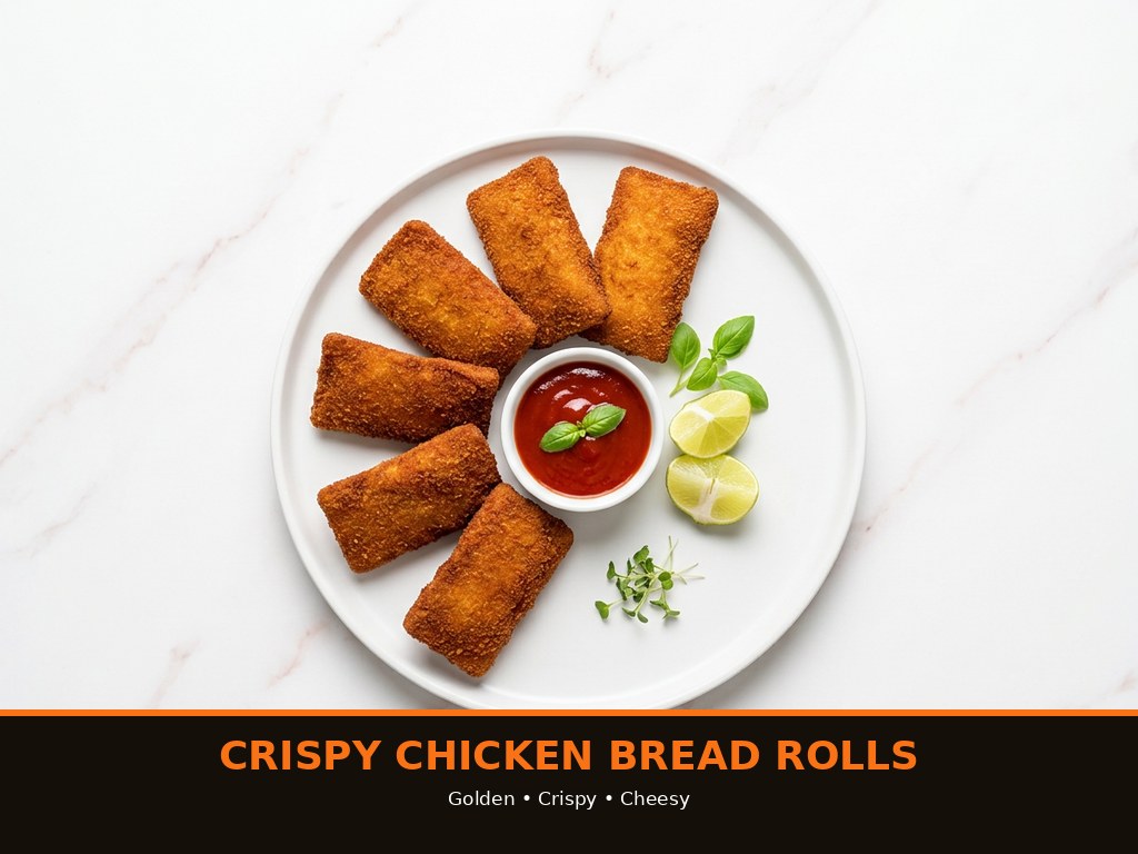 crispy chicken bread rolls final plated shot with dipping sauce on white marble