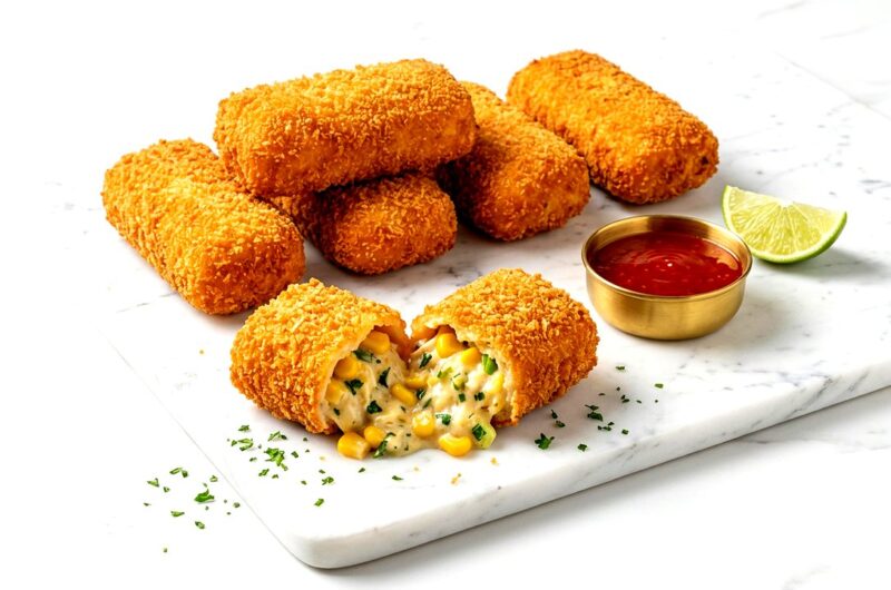 crispy chicken bread rolls final plated shot with dipping sauce on white marble